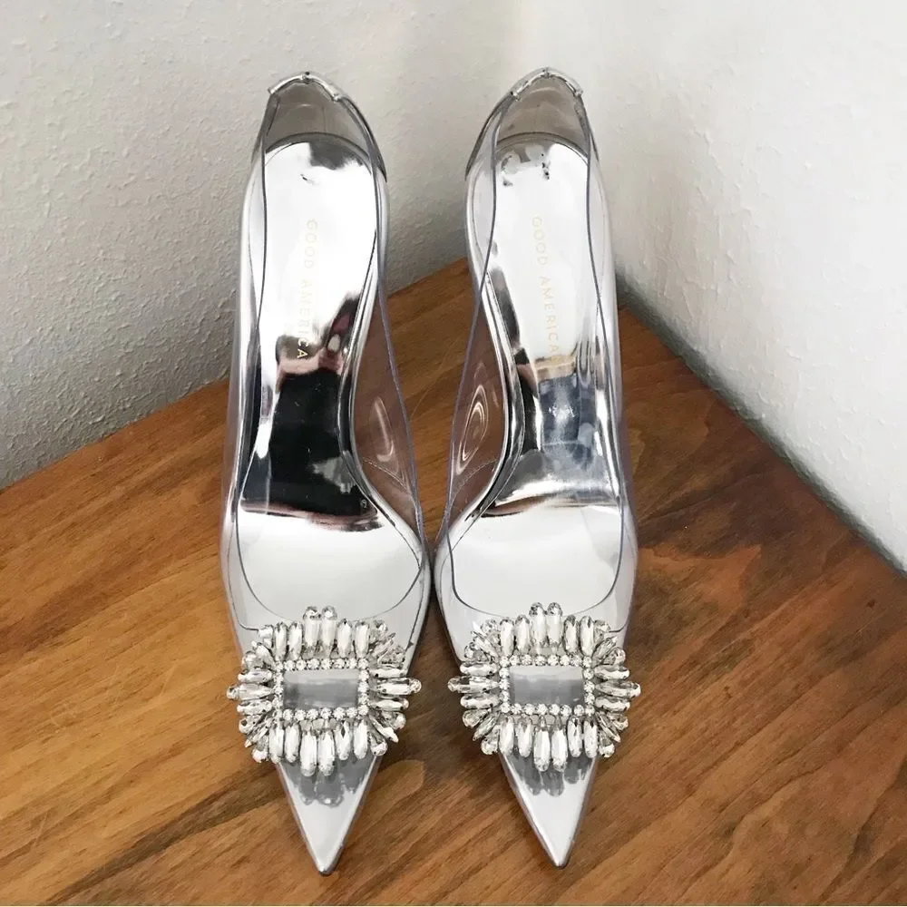New GOOD AMERICAN CLEAR Silver Heels - Picture 3 of 13